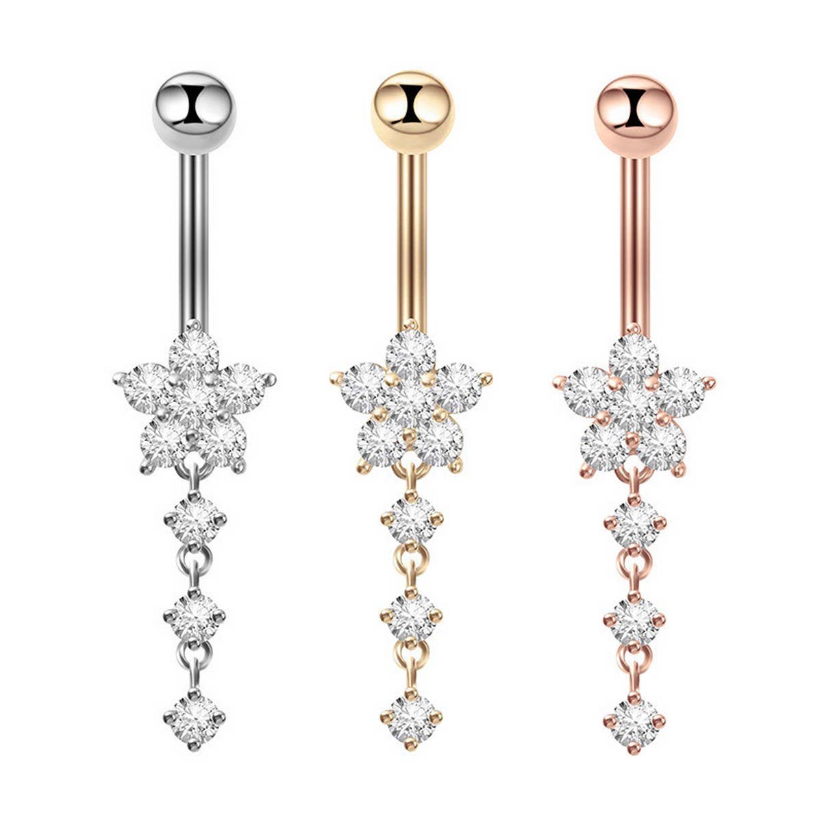 Stainless Steel Flower Zircon Dangle Belly Ring_CWMM9460
