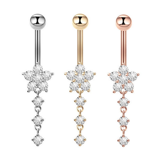 Stainless Steel Flower Zircon Dangle Belly Ring_CWMM9460