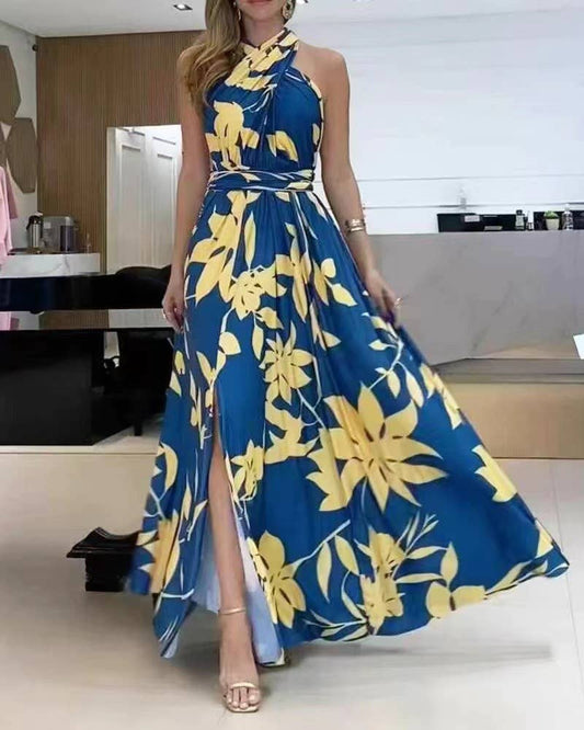 Backless one-shoulder sleeveless print long dress
