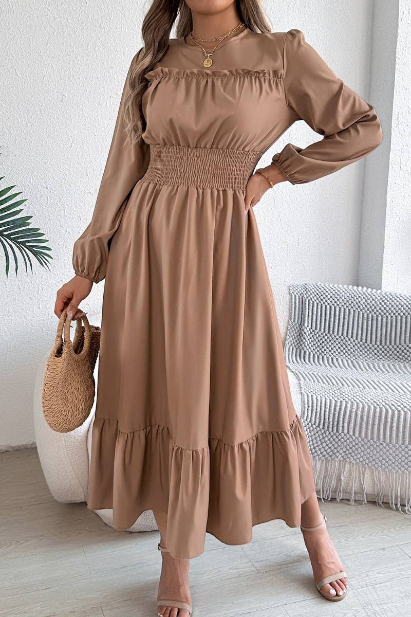 CWDMD6024_SOLID ELEGANT RUFFLE WAIST PLEATED MAXI DRESS