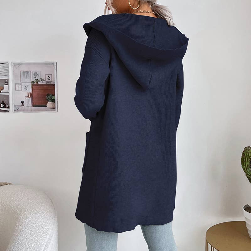 Solid color pit strip hooded unbuttoned cardigan