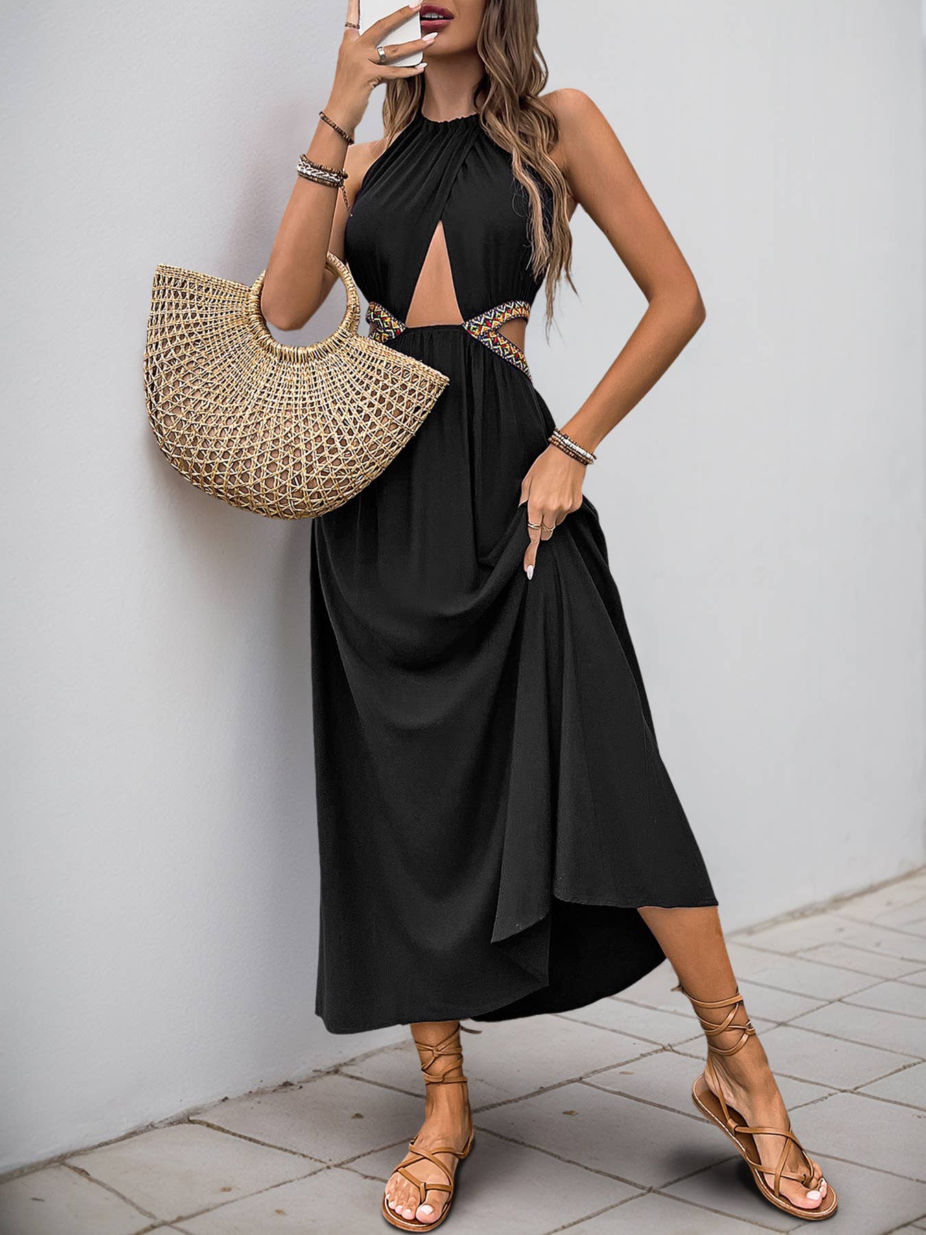 Hollow out halter sleeveless elegant resort dress
