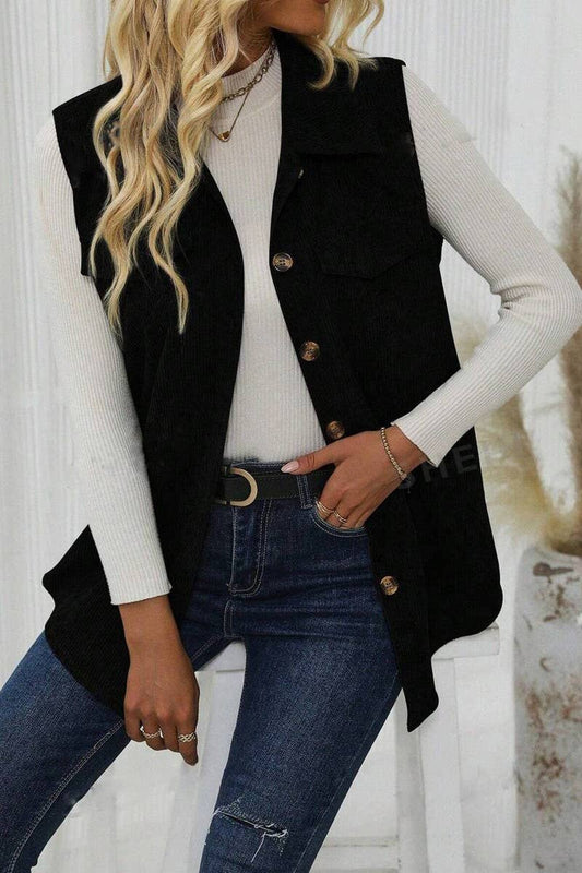 FLAP DETAILS BUTTON FRONT CORDUROY VEST COAT