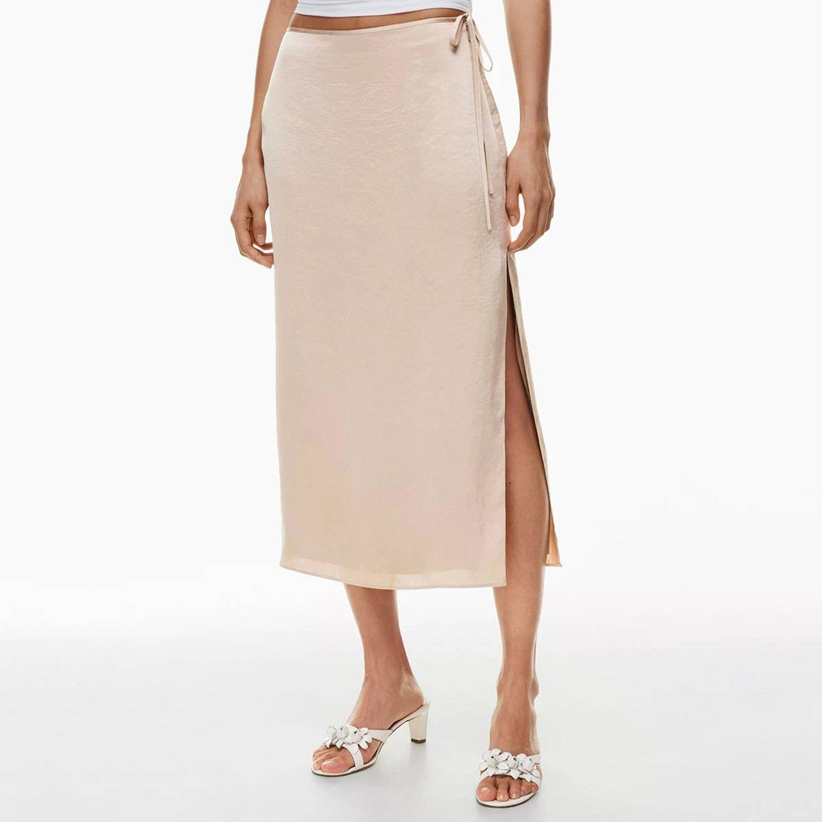 LACE-UP SATIN SKIRT HIGH WAIST SLIT STRAIGHT SKIRT_CWBSS0416