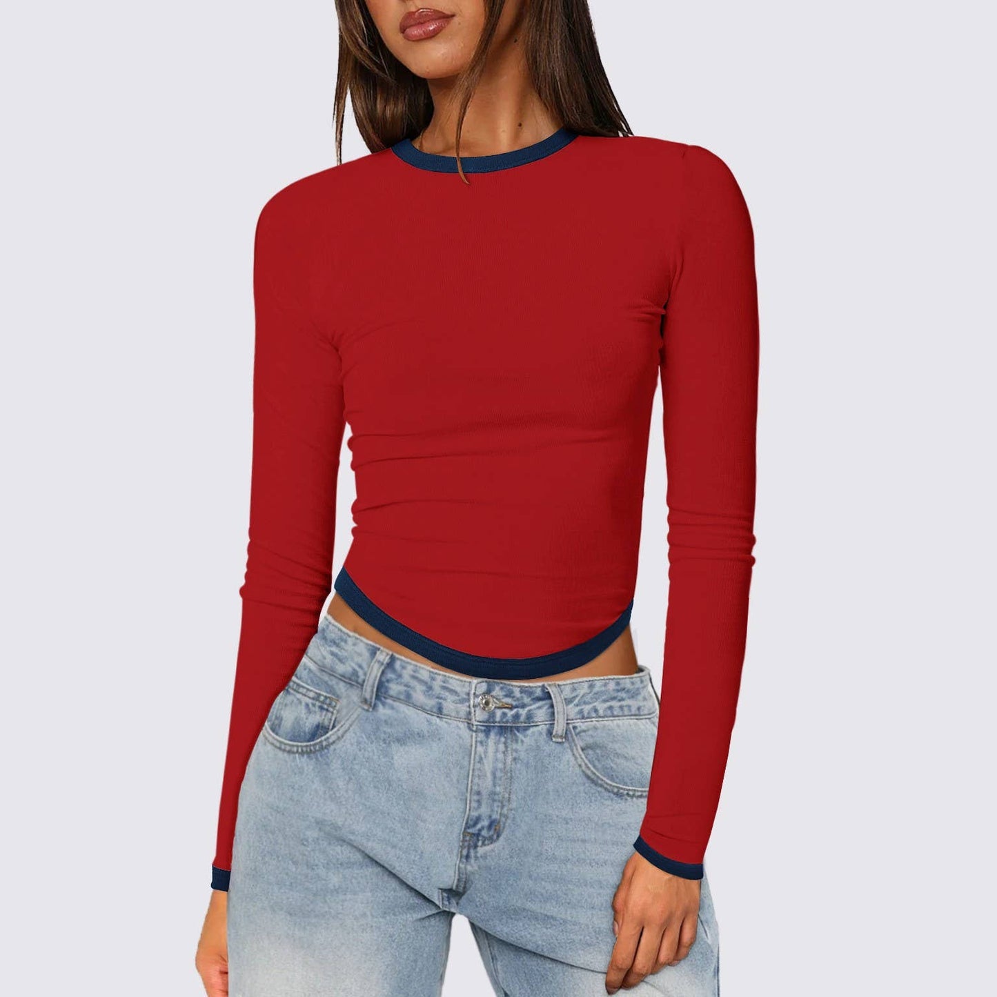 LONG SLEEVE ROUND NECK SLIM-FIT COLOR SHORT TOP