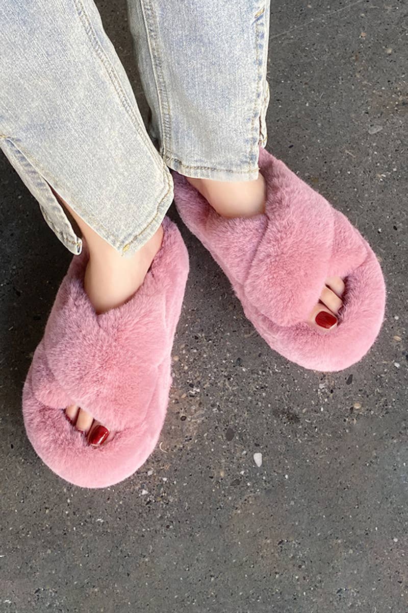 CROSS STRAP FLUFFY BEDROOM SLIPPERS