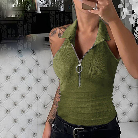 STYLISH SOLID COLOR PIT STRIP LAPEL ZIP-UP VEST