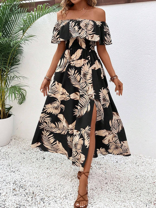 Printed one-shoulder short-sleeved dress