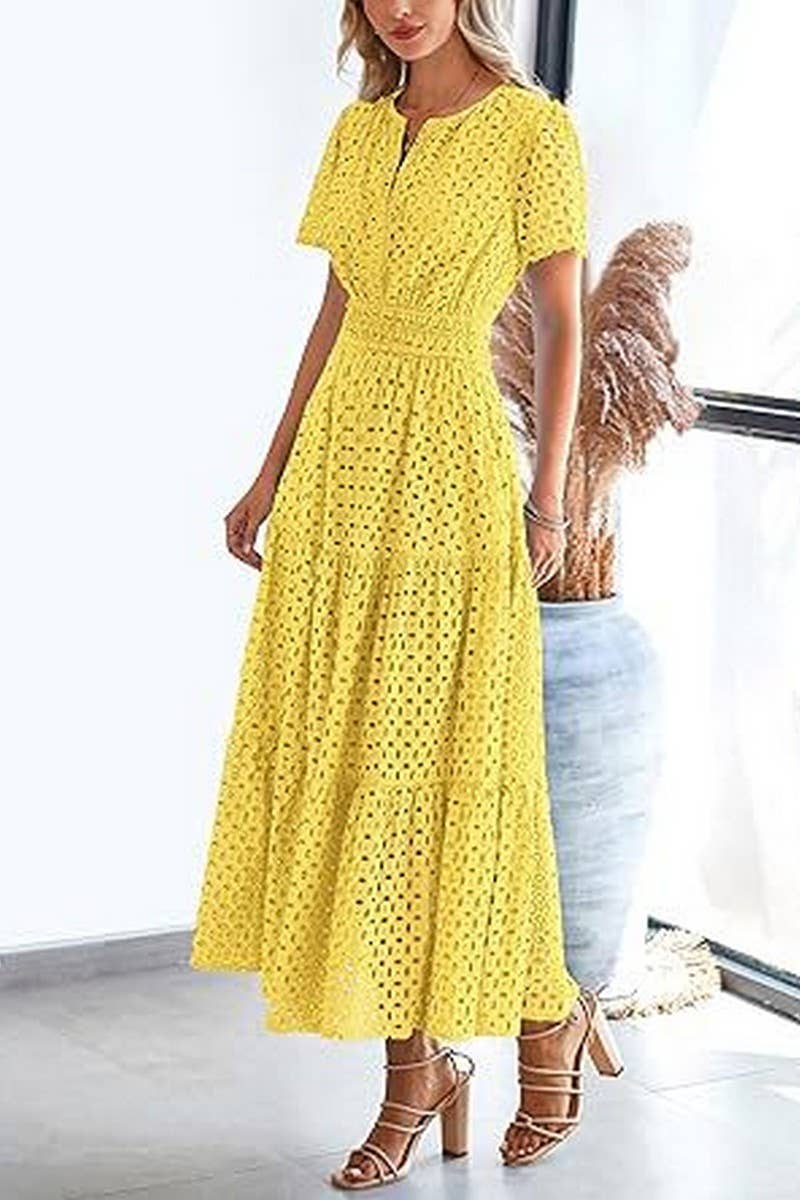 CWDMD6339_V-NECK HOLLOW EYELET PLEATED SHORT SLEEVE DRESS