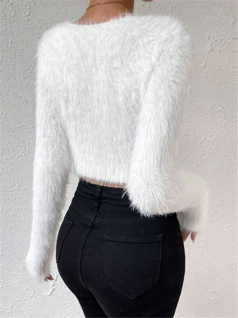 Solid-color V-neck fitted plush short sweater