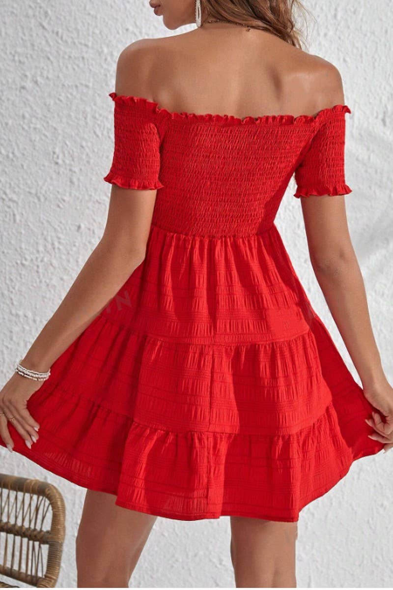 CWDSD8535_OFF SHOULDER RUFFLE TRIM PATCHWORK DRESS