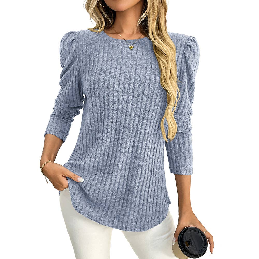 Round-neck puffed-sleeve brushed striped T-shirt