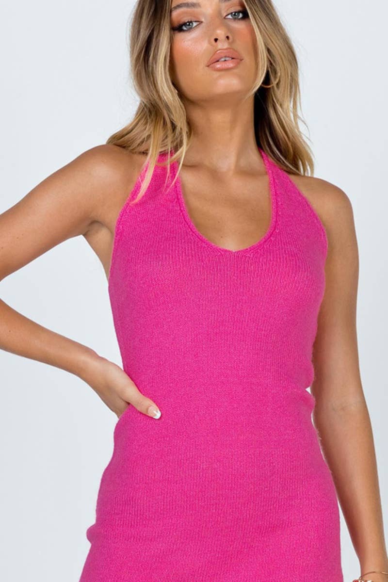 CWDSD3975_KNIT V-NECK SLEEVELESS HALTER SHORT DRESS