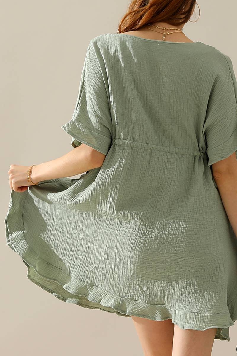 CWDSD10360_DRAWSTRING WAIST SOFT COTTON RUFFLE HEM DRESS