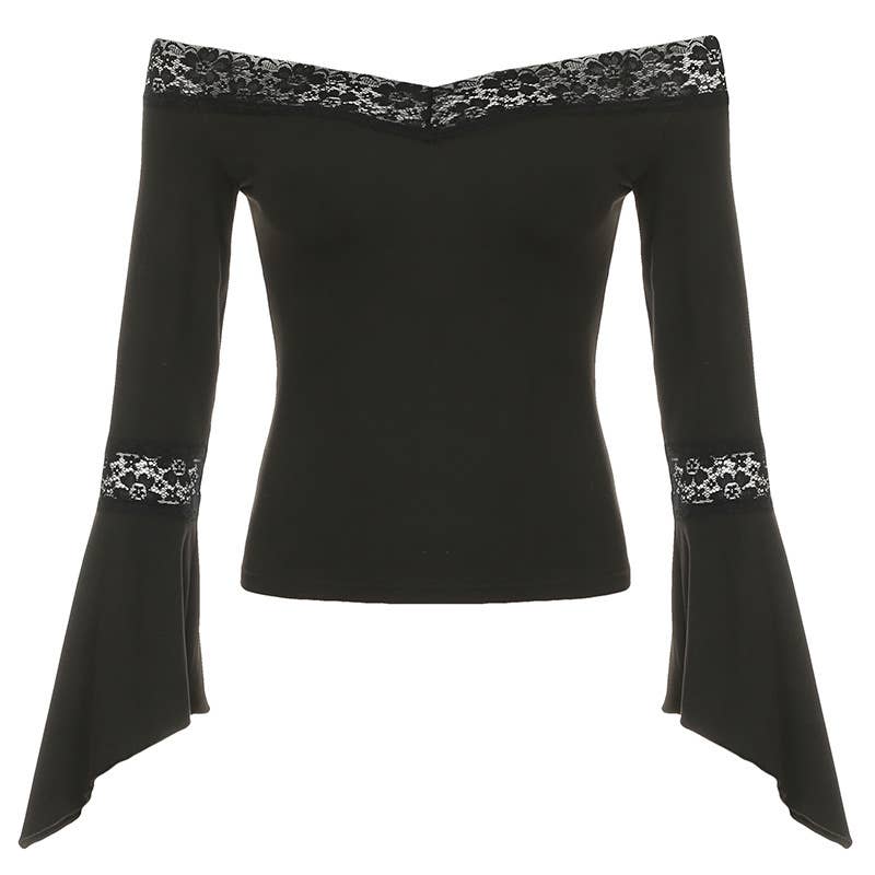 LACE SPLICING V-SHAPED HEM FLARED SLEEVE TOP