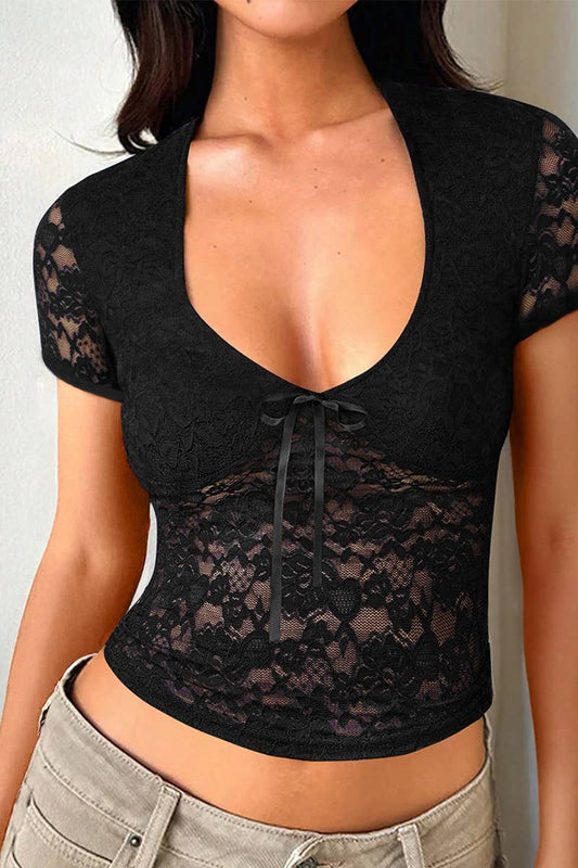 Cwtts00706_Sexy Deep V See-Through Lace Slim-Fit Top