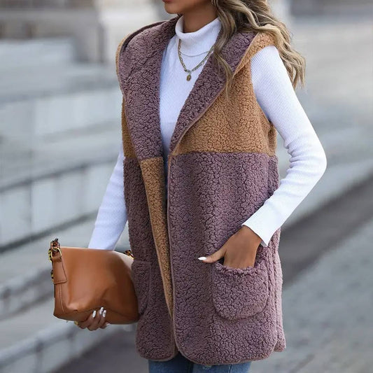 WOMEN SLEEVELESS COLOR BLOCK HOODIE FLEECE JACKET_CWOJA0642