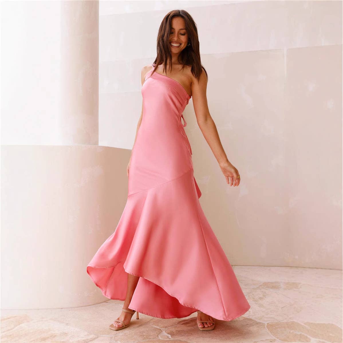 Sexy slant shoulder lace-up fishtail dress