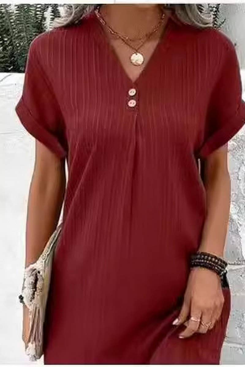 CWDSD6539_V-NECK SOLID COLOR PULLOVER CASUAL BUTTON DRESS