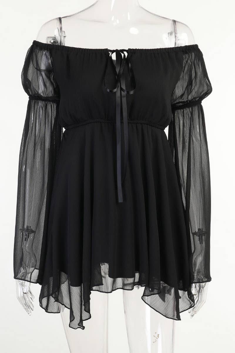 CWDSD6716_OFF-THE-SHOULDER TIE WAIST FLARED SLEEVE DRESS