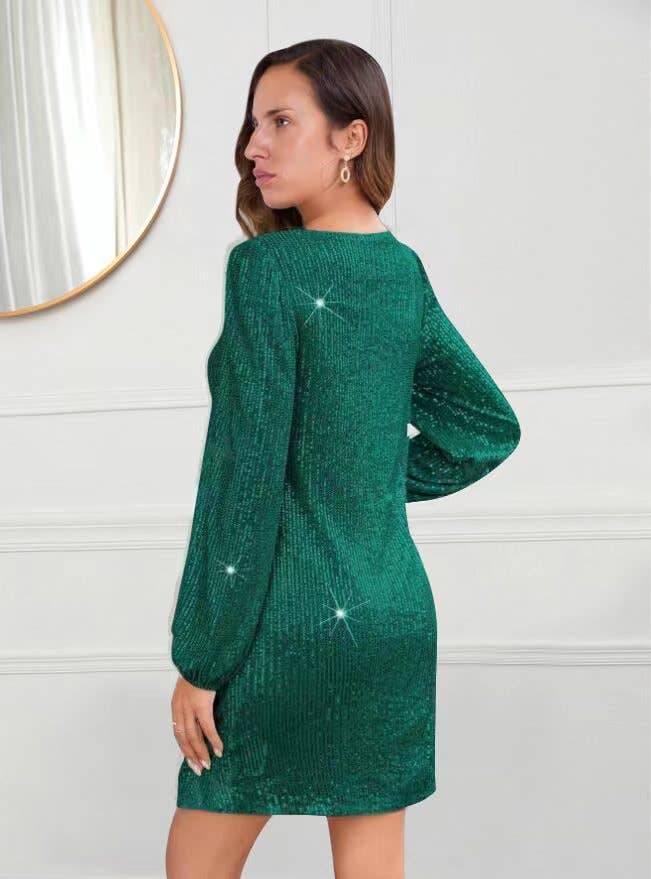 Long-sleeved V-neck slim fashion sequined dress