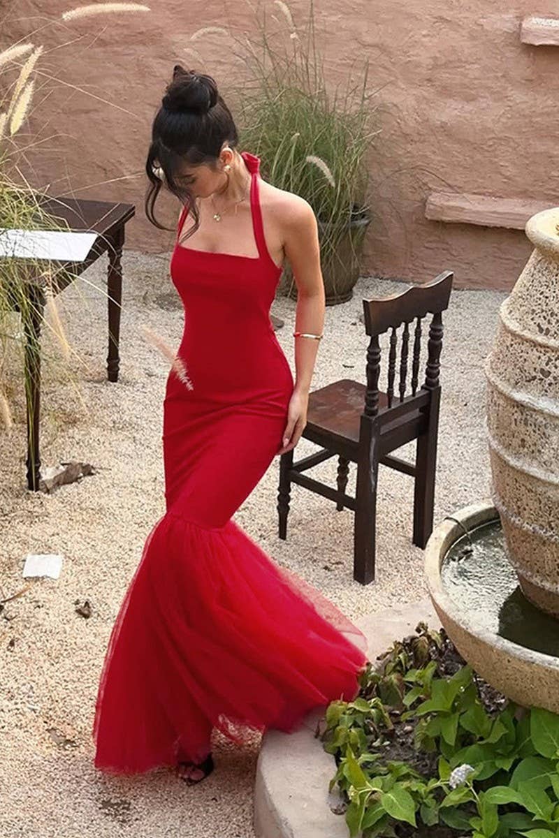 CWDHL0794_HALTER NECK FISHTAIL BACKLESS STITCHING DRESS