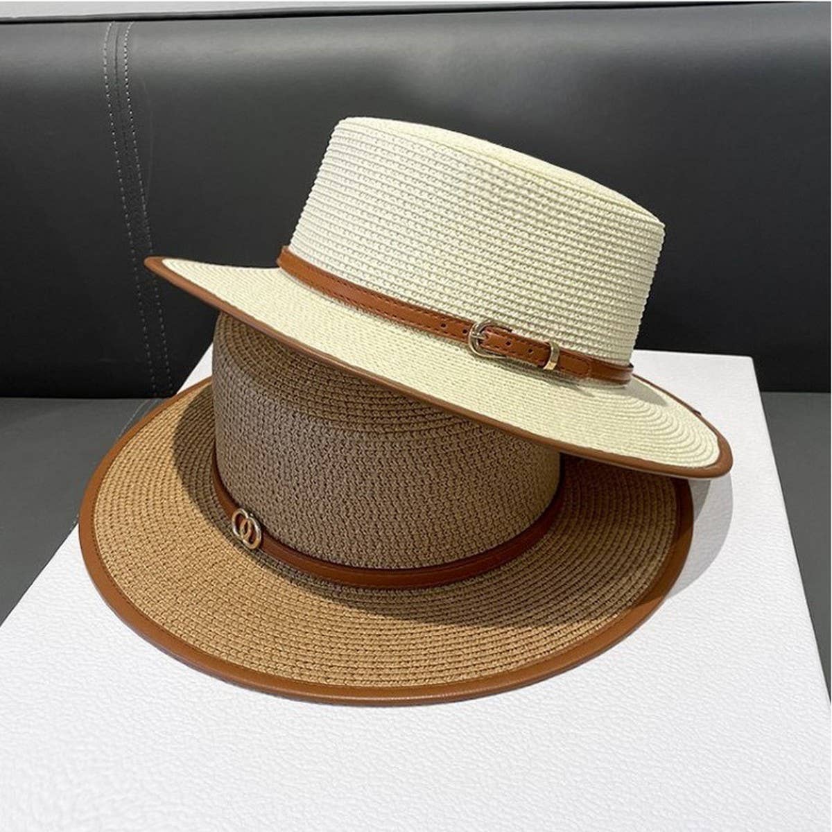 BRITISH STYLE FLAT TOP FASHIONABLE BELT STRAW HAT_CWAH1156