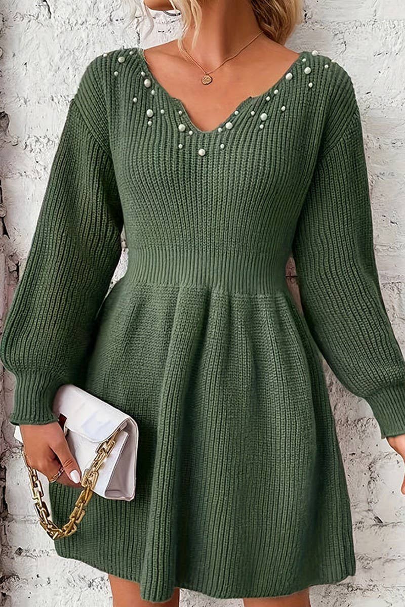 CWDSD7319_AUTUMN AND WINTER V-NECK PLEATED WAIST DRESS