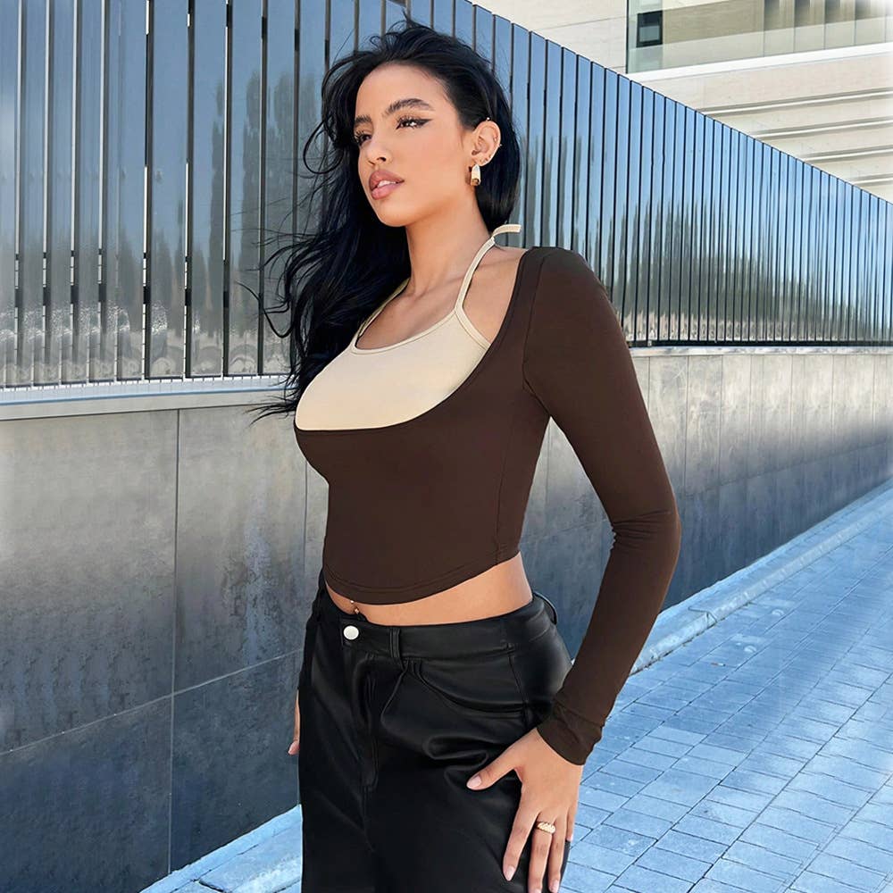 FAKE TWO HOLLOWED-OUT HALTER LONG-SLEEVED TOP