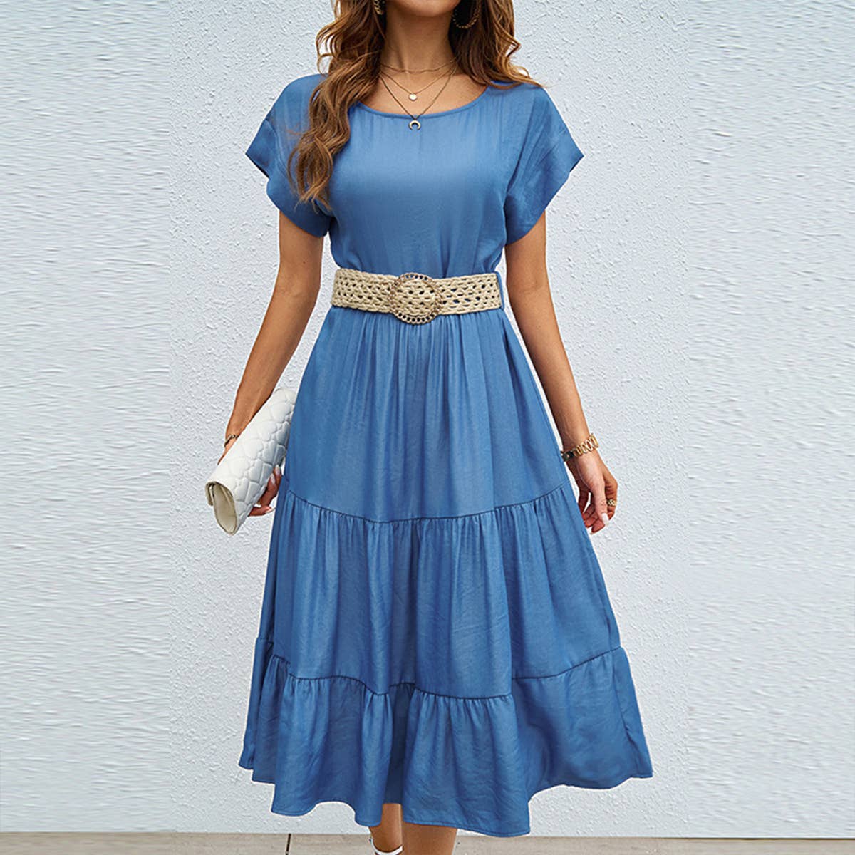 SOLID SIMPLE ROUND NECK SHORT SLEEVE LONG DRESS