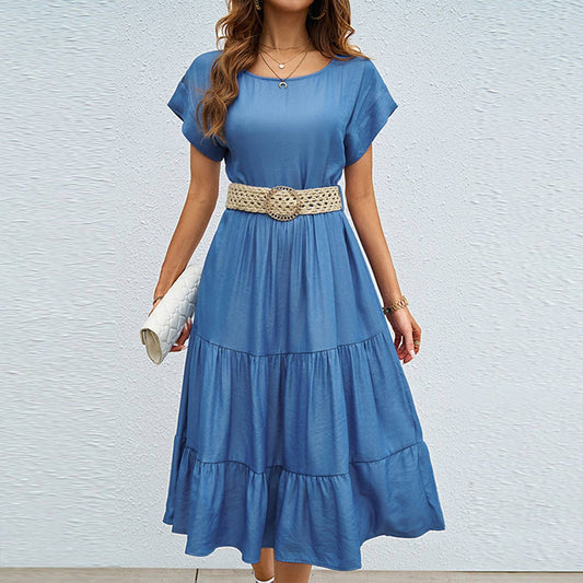 SOLID SIMPLE ROUND NECK SHORT SLEEVE LONG DRESS