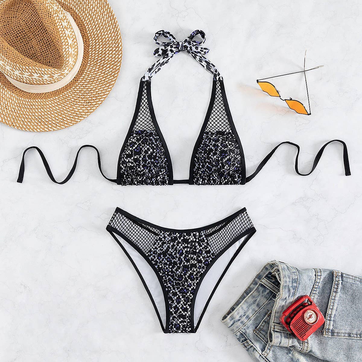 HALTER NECK FISHNET HOLLOW BIKINI SWIMSUIT