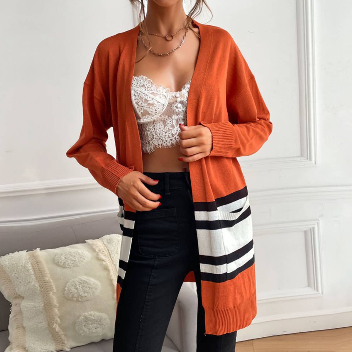 STRIPED CONTRAST COLOR KNIT CARDIGAN CASUAL