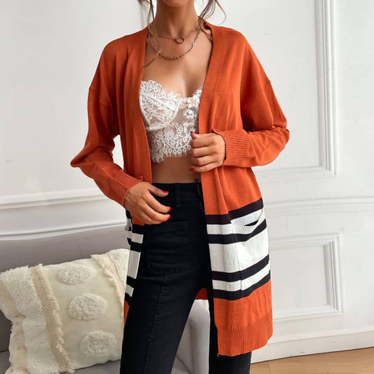 STRIPED CONTRAST COLOR KNIT CARDIGAN CASUAL