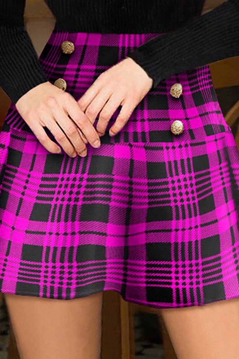 CWBSS0477_PLAID PRINT BUTTON HIGH WAIST MINI SKIRT