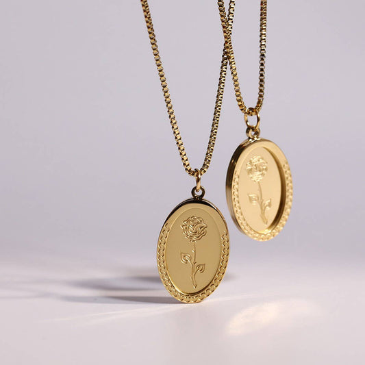 STAINLESS STEEL VINTAGE ROSE PENDANT NECKLACE_CWMM3777