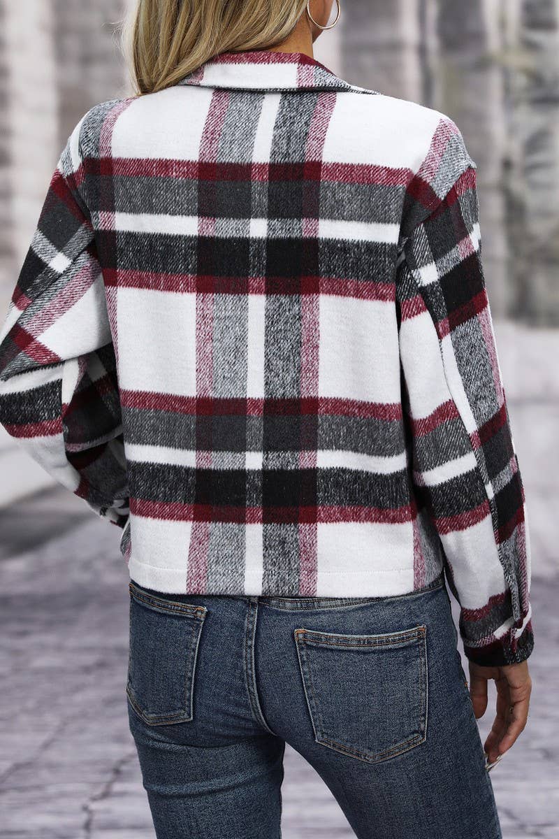 CWOCO1100_LAPEL LONG SLEEVE POCKET PLAID SHORT COAT