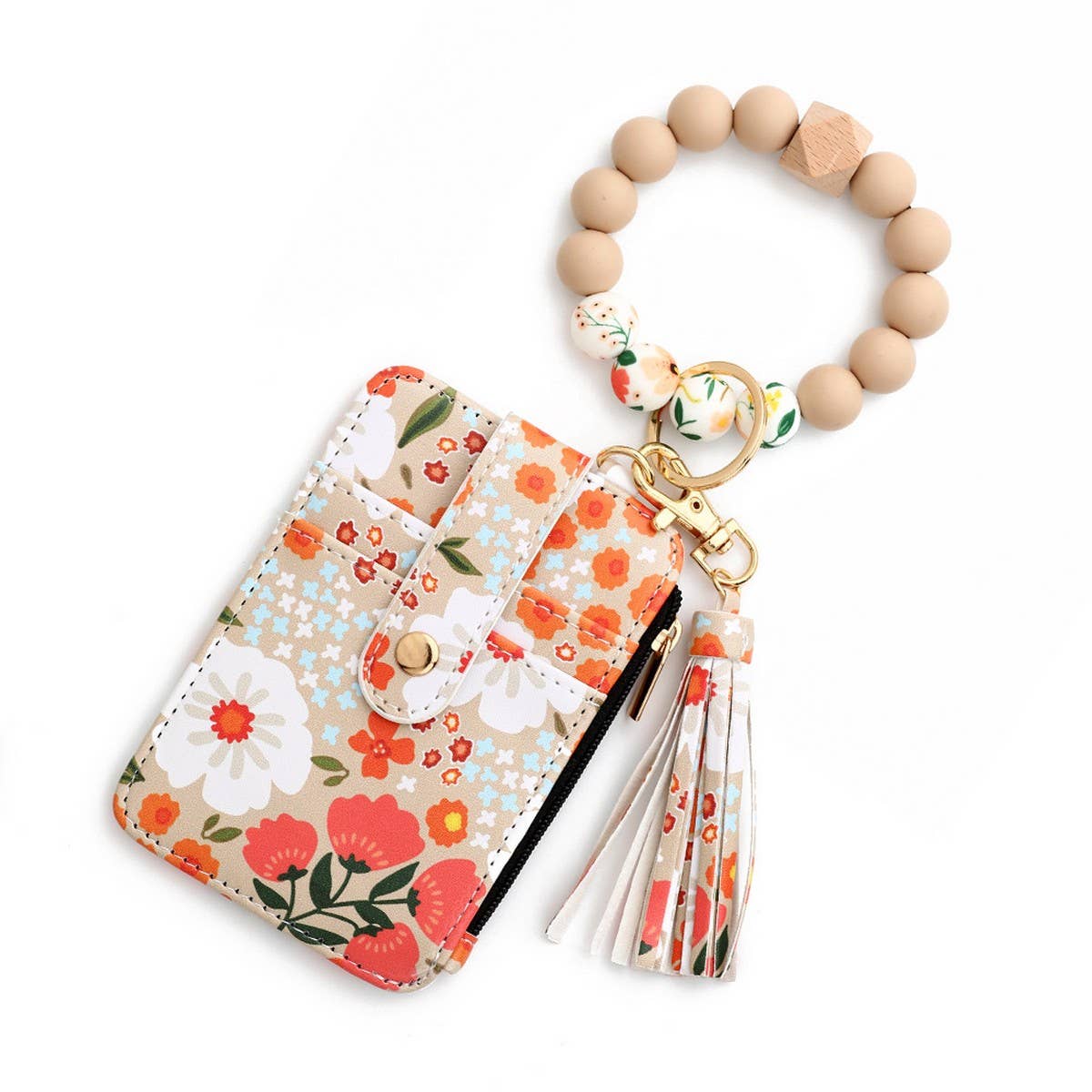 Floral PU Wallet with Bead Bracelet & Card Holder_CWAB4955