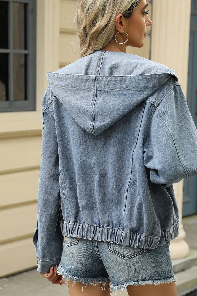 CWJT00080_WASHED LOOSE CASUAL HOODED DENIM JACKET TOP