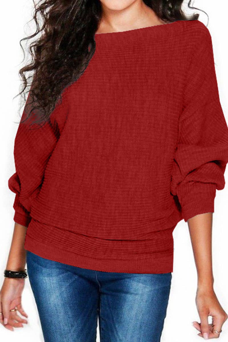 Stylish baggy bat-sleeve knit sweater