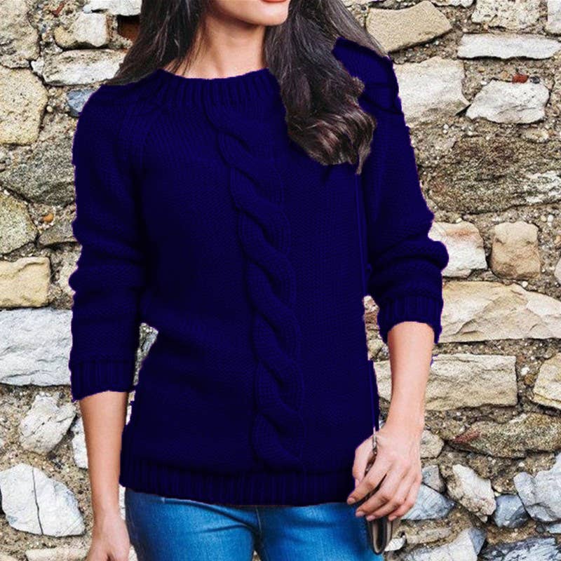 TWINE BRAIDED CREW NECK LONG SLEEVE SWEATER