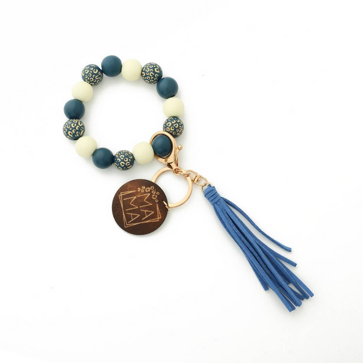 Leopard Wood Bead Bracelet with Tassel Keychain_CWAB5013