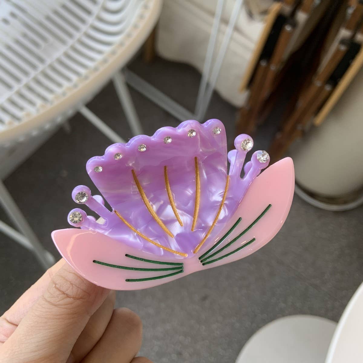 Lotus Flower Acetate Hair Claw, Rhinestone Cute