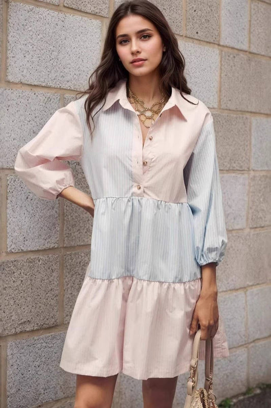 CWDSD8761_CONTRAST STRIPE LAPEL LOOSE-FITTING SHIRT DRESS