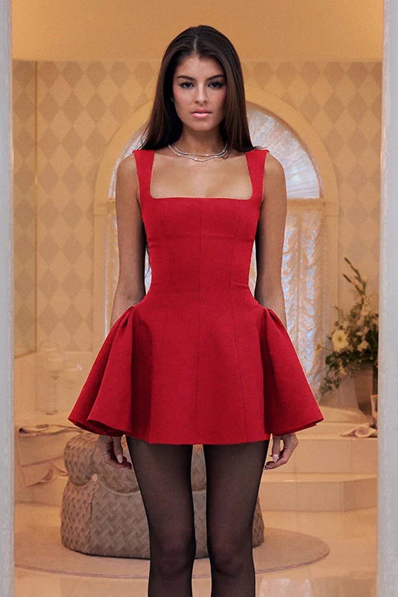 CWDSD6720_SOLID SQUARE NECK FITTED A-LINE TANK DRESS