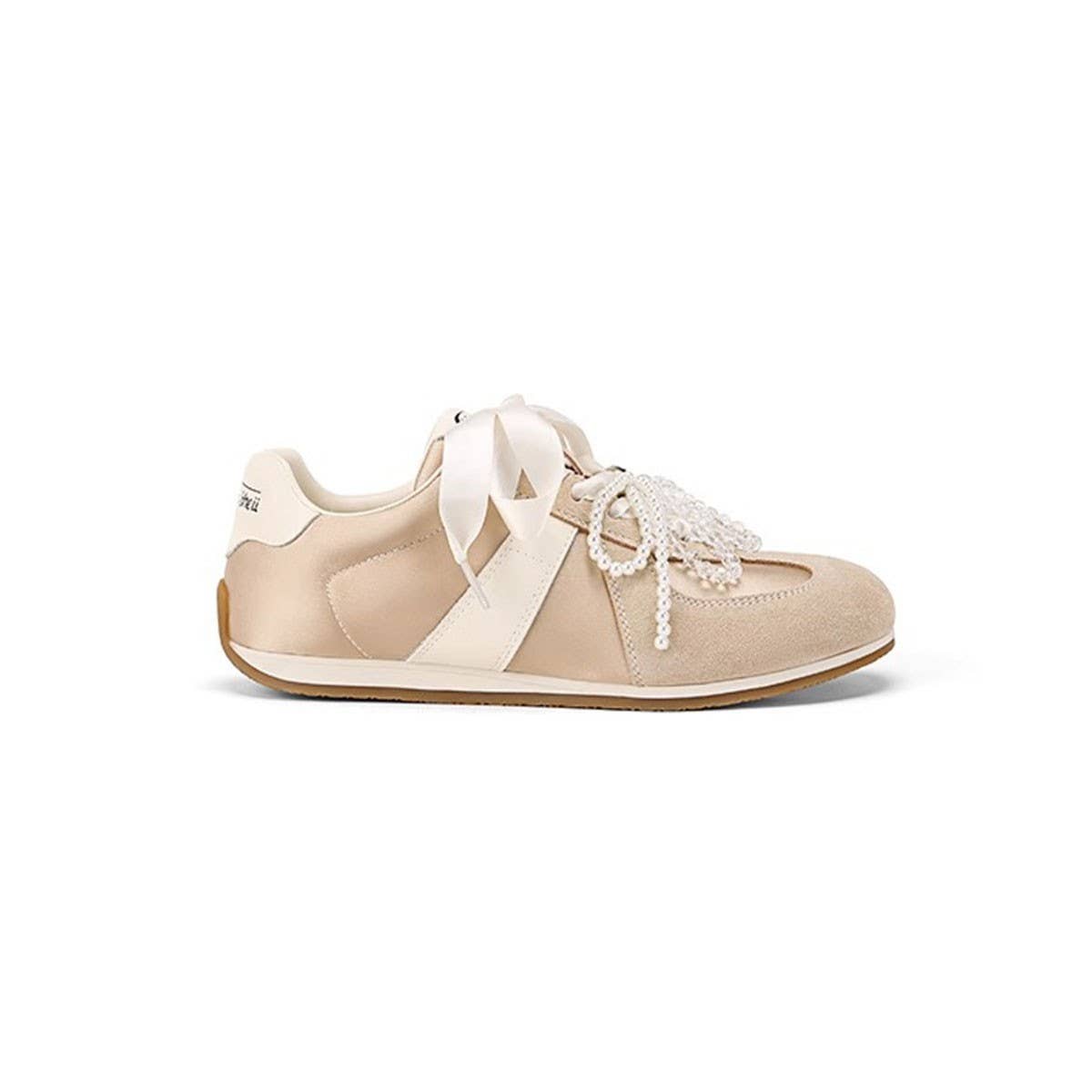 Satin Ballet Sneakers with Pearl Ribbon Trim