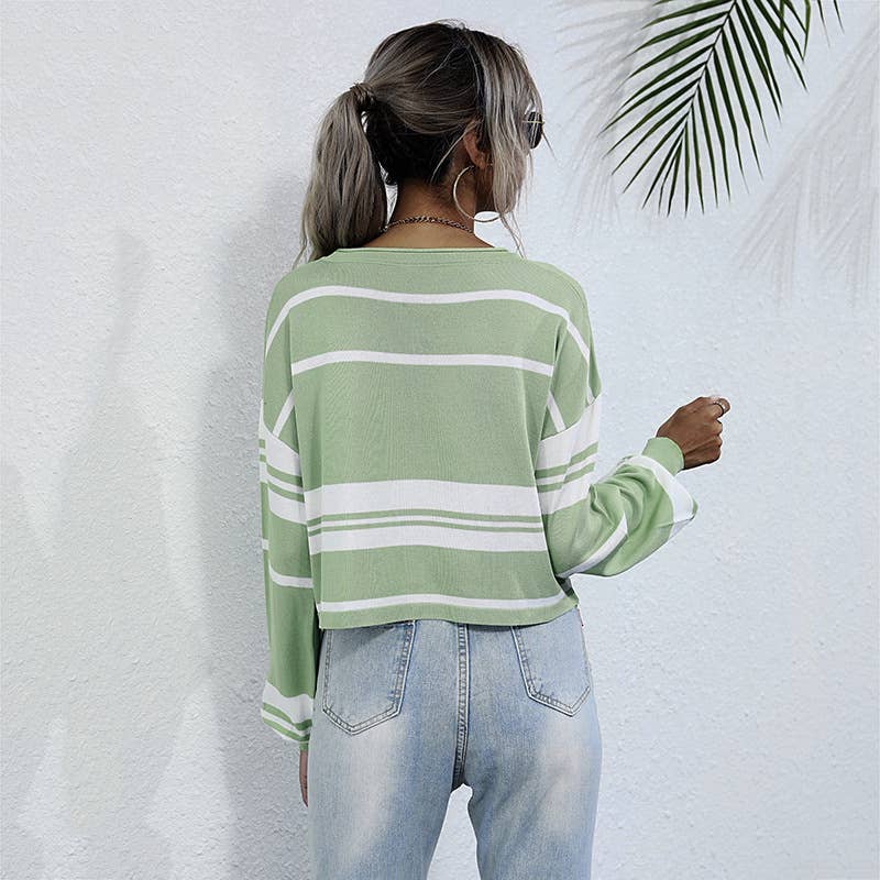 Long sleeve knit short striped sweater