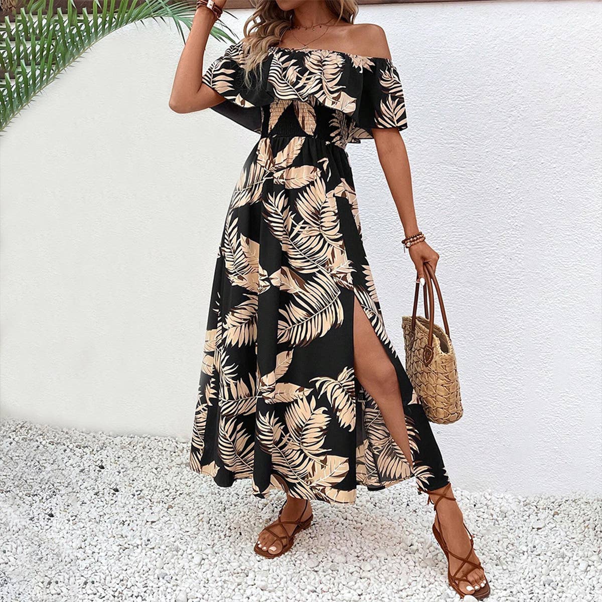 Printed one-shoulder short-sleeved dress