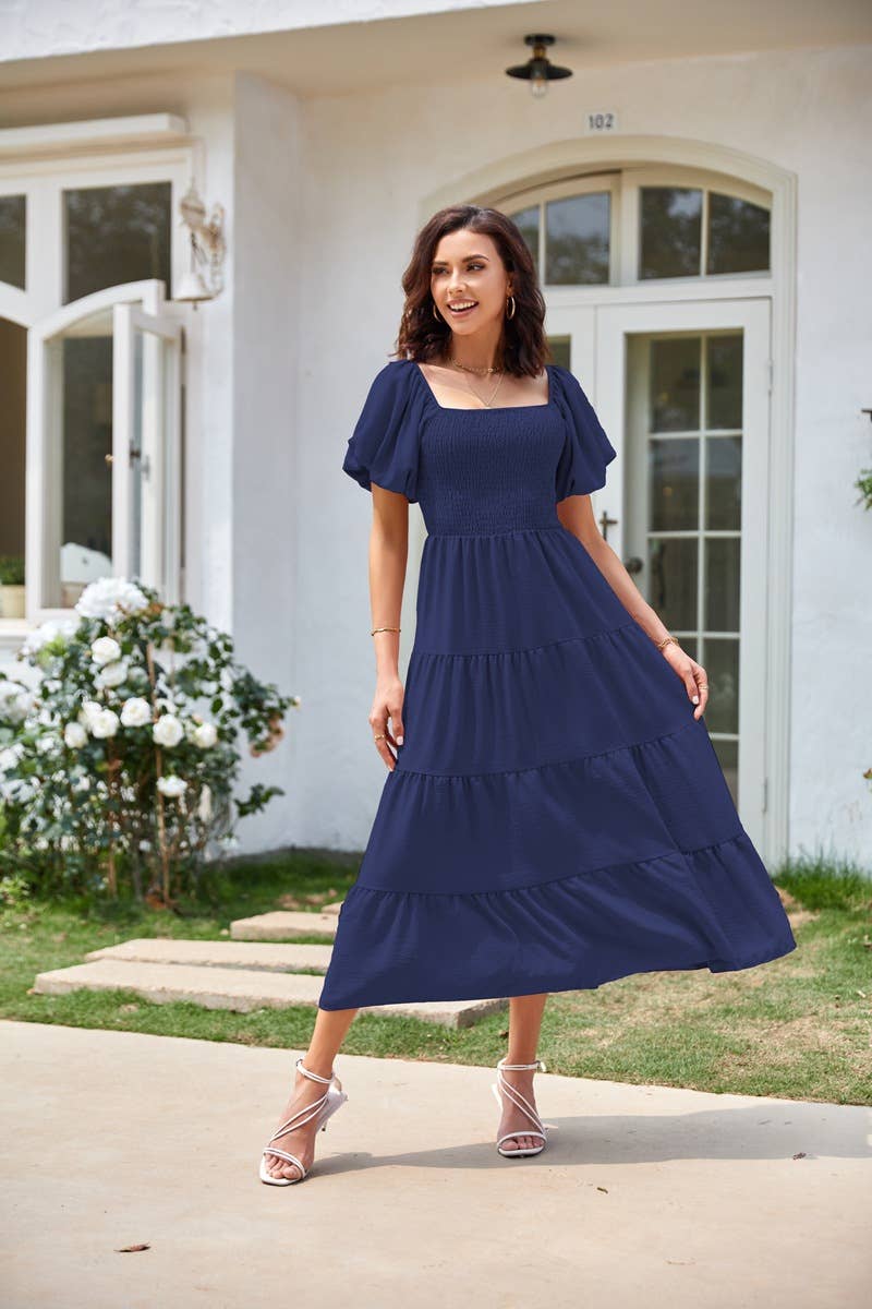 Square neck backless puffy sleeve pleated dress