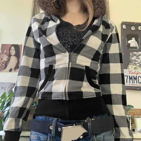 VINTAGE BLACK AND WHITE CHECKERED ZIPPER JACKET
